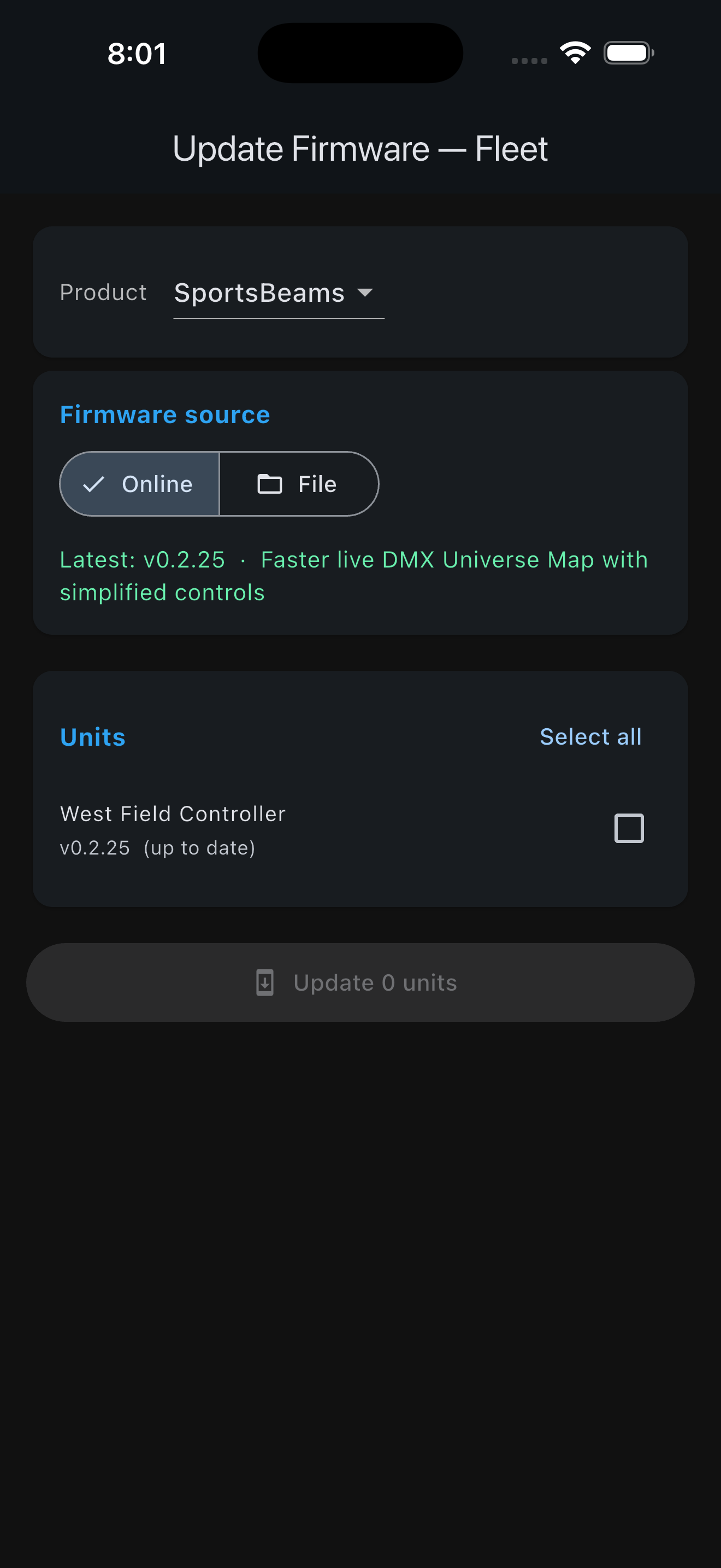 Firmware update screen in the DMX Engineering app