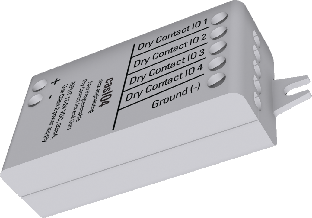 casIO4 with 12–24 VDC input, four dry contact I/O terminals and a common ground