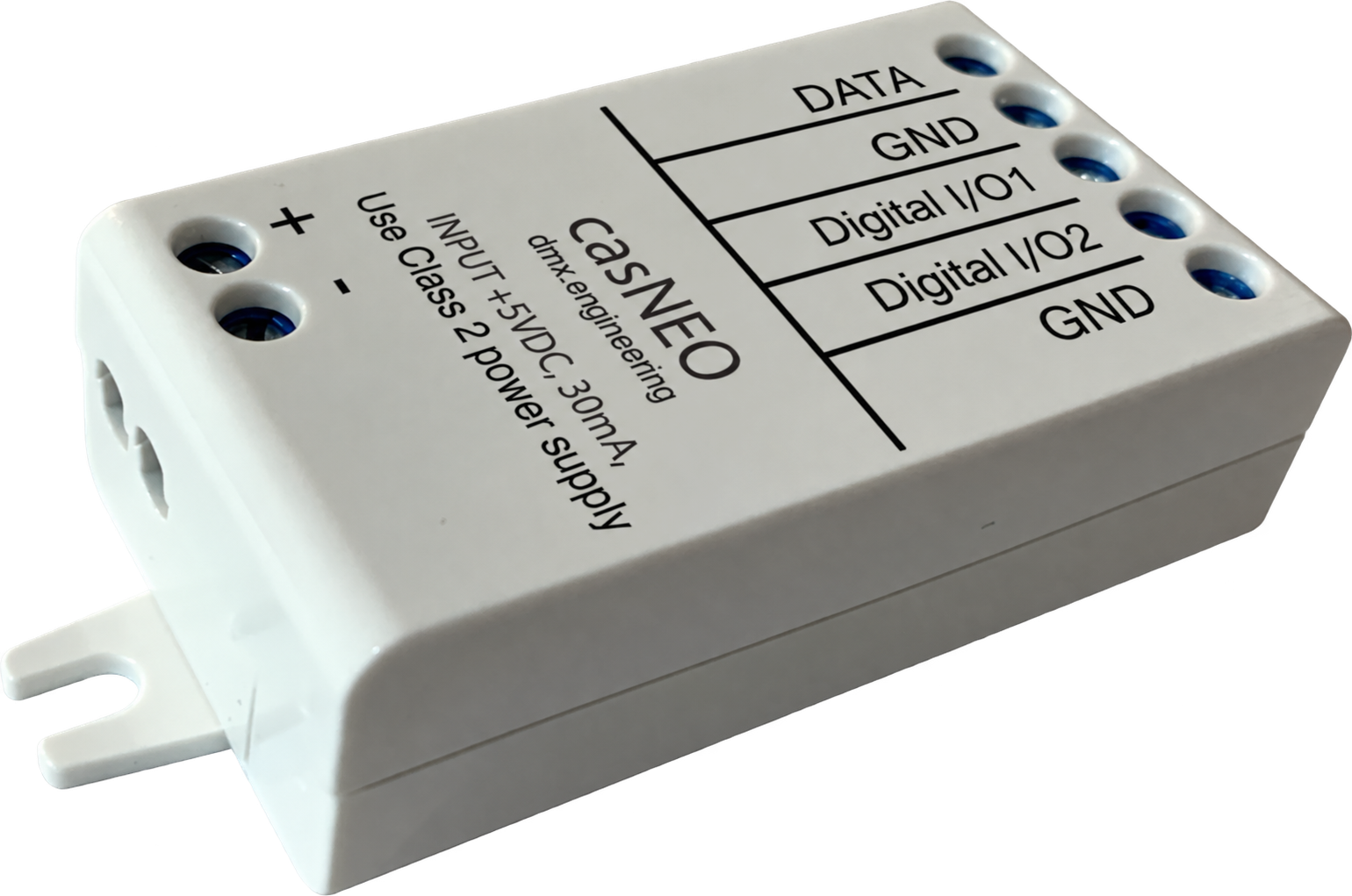 casNEO controller with DATA, GND, Digital I/O1, Digital I/O2 and GND terminals