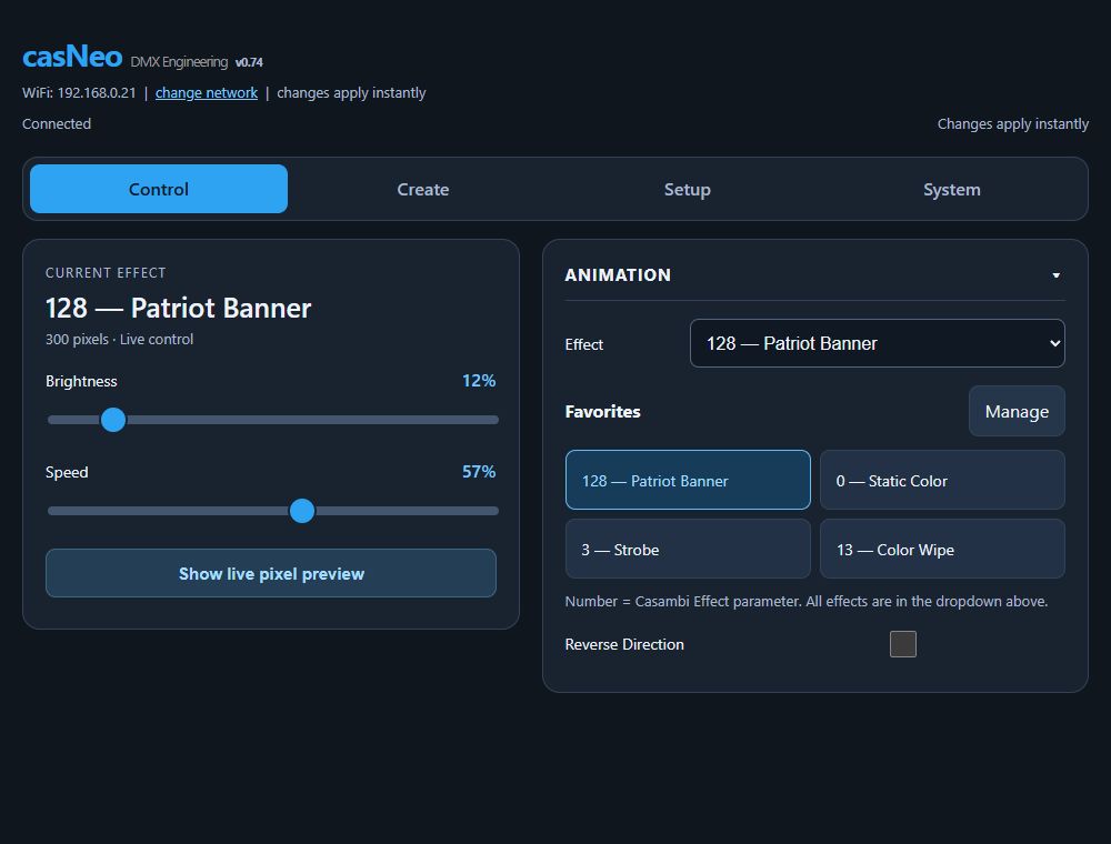 Actual casNEO Control screen showing animation selection and favorites